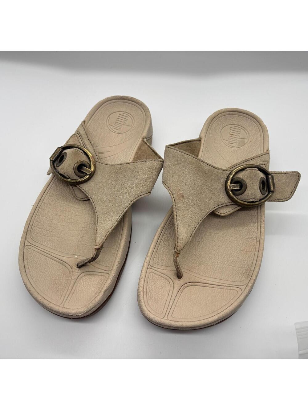 FitFlop Sandals Women's Size 8 Beige Suede Thong Slides Comfort Orthopedic